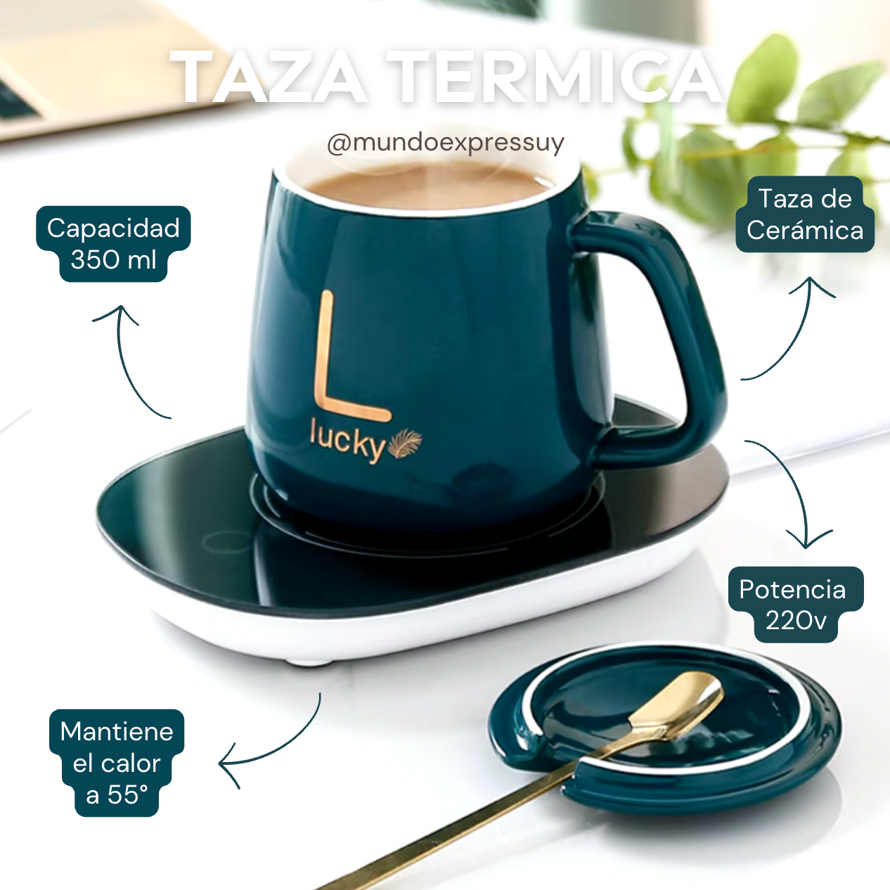 Taza Lucky de Cerámica con Base Calentadora