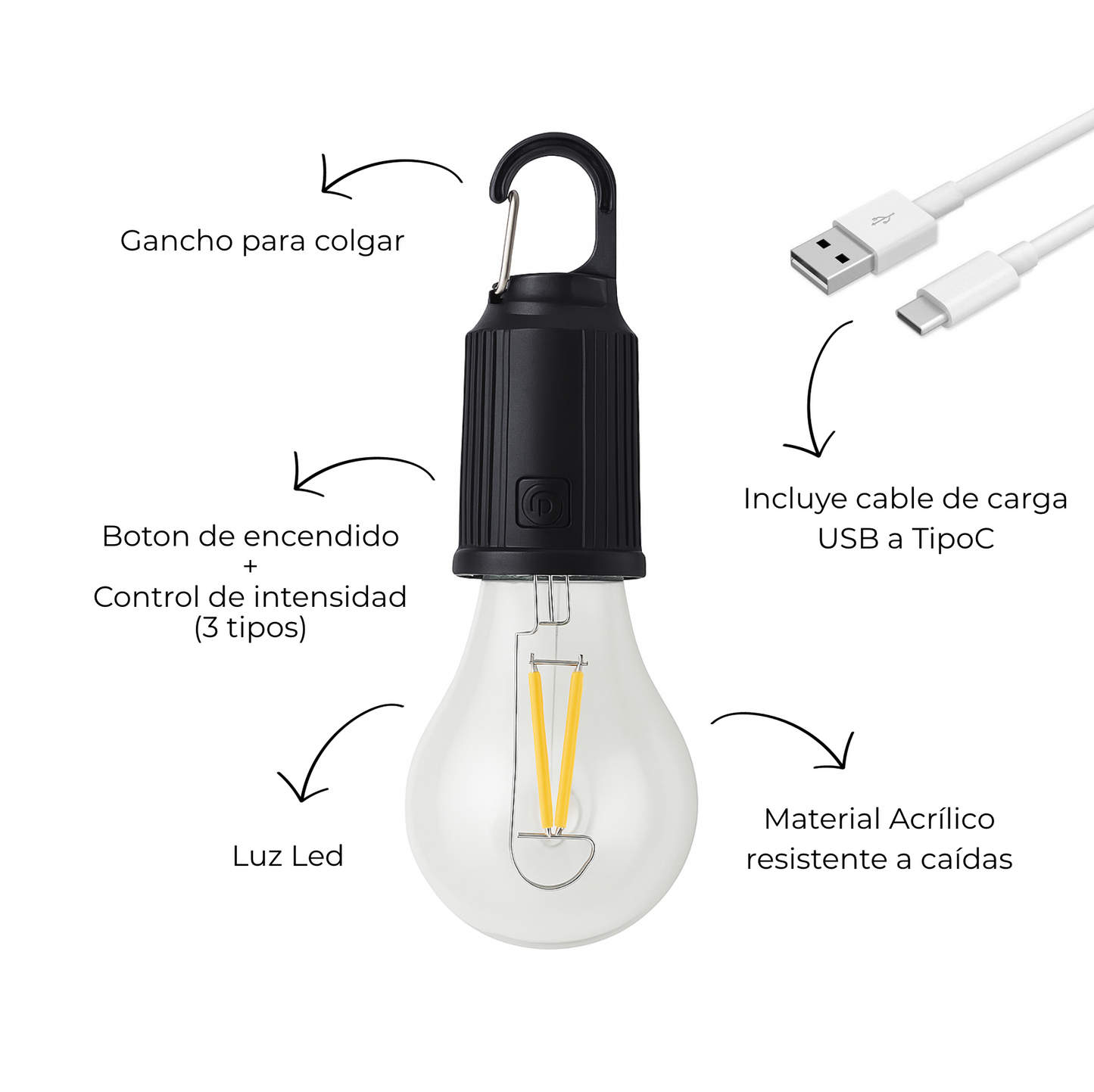 Lampara Bombita Recargable Portatil Gancho Colgar para Camping
