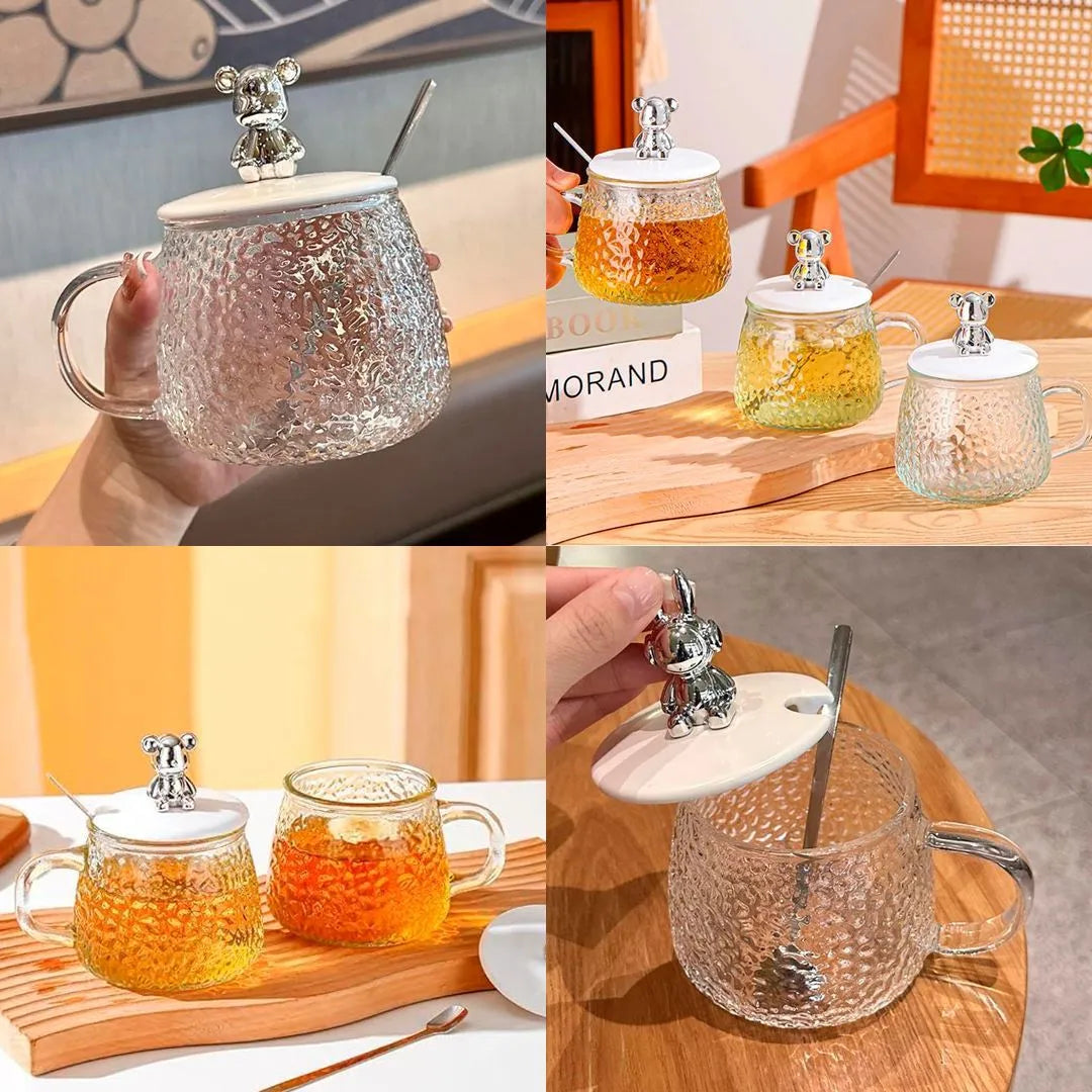 Taza Vidrio Osito Con Asa, Cuchara y Tapa