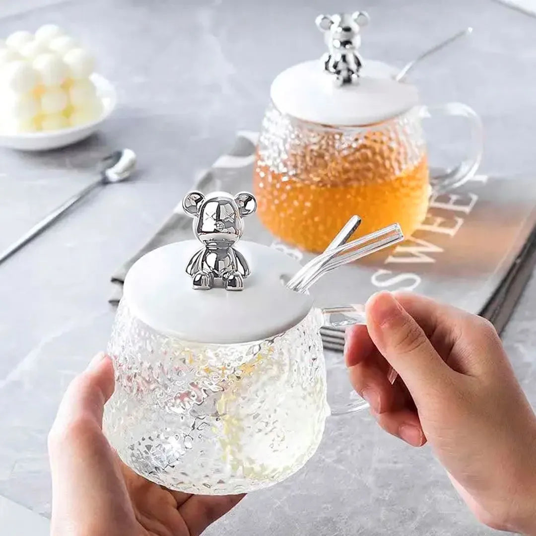 Taza Vidrio Osito Con Asa, Cuchara y Tapa