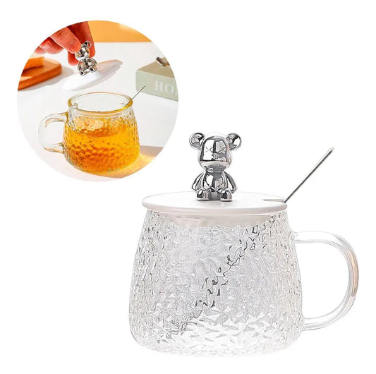 Taza Vidrio Osito Con Asa, Cuchara y Tapa