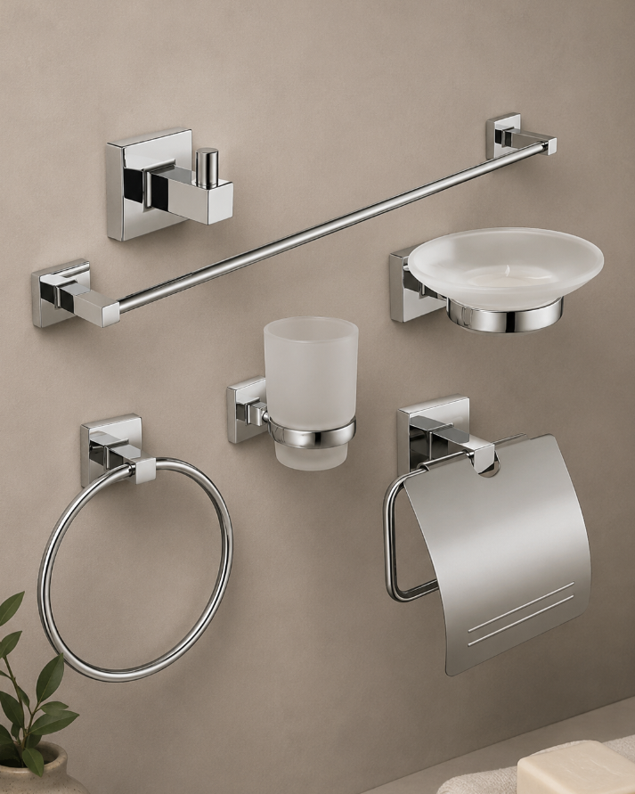 Set de Accesorios de Baño Base Cuadrada Cromado