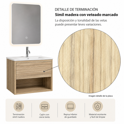 Set Completo De Baño Espejo Led Y Mueble Con Bacha 58x49x47