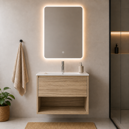 Set Completo De Baño Espejo Led Y Mueble Con Bacha 58x49x47