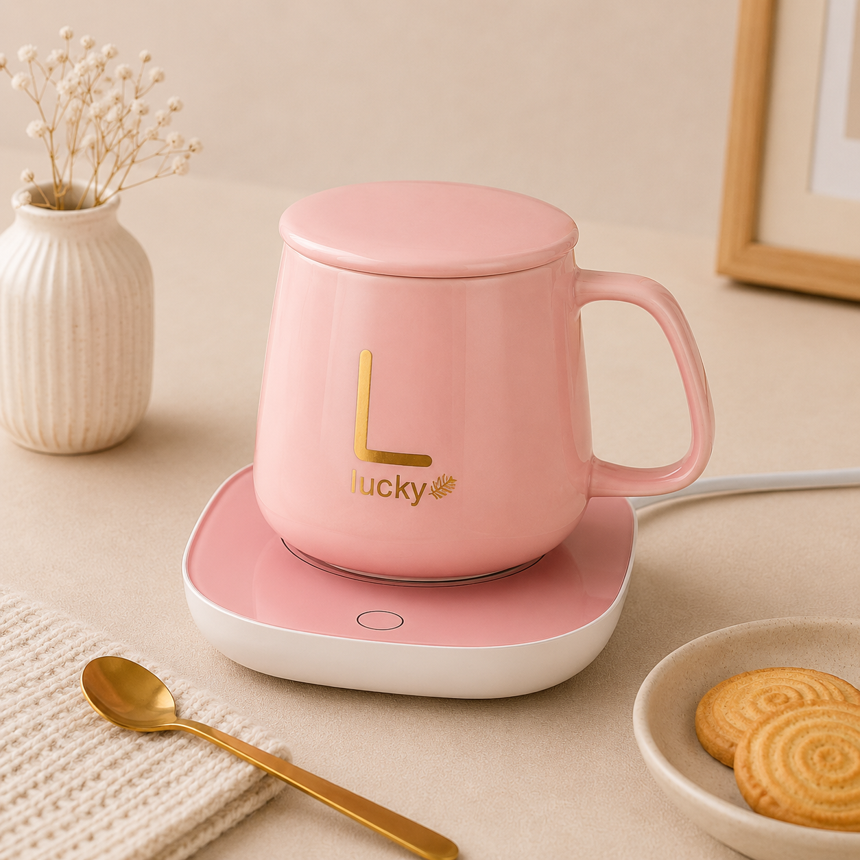Taza Lucky de Cerámica con Base Calentadora