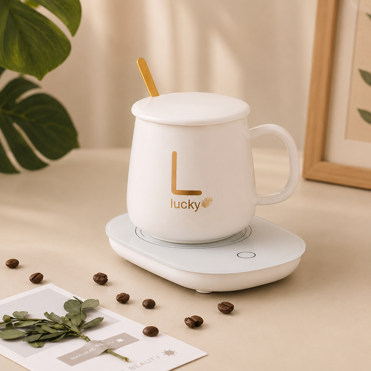 Taza Lucky de Cerámica con Base Calentadora