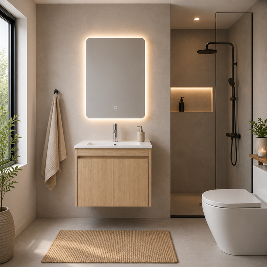 Set Completo De Baño Espejo Led Y Mueble Con Bacha 58x49x47