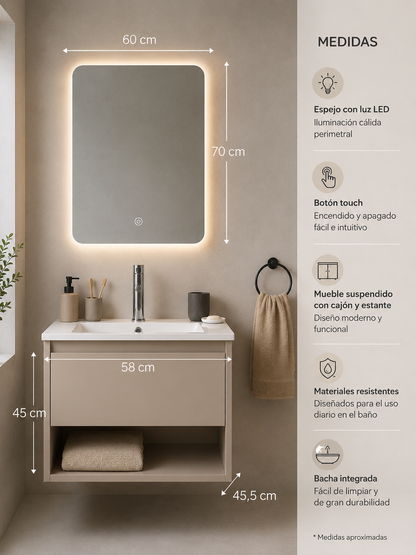 Set Completo De Baño Espejo Led Y Mueble Con Bacha 58x45x45,5cm