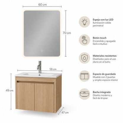 Set Completo De Baño Espejo Led Y Mueble Con Bacha 58x49x47