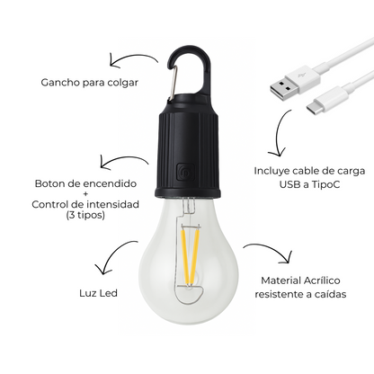 Lampara Bombita Recargable Portatil Gancho Colgar para Camping