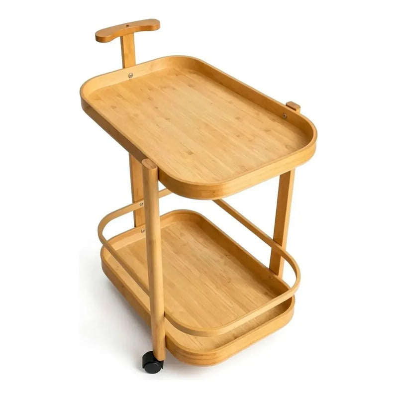 Mesa Auxiliar De Bambú Con Ruedas Y Doble Piso Marrón