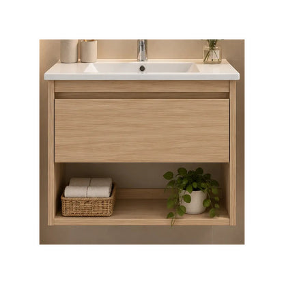 Set Completo De Baño Con Espejo Circular Led Mueble Y Bacha Marrón Blanco Un Agujero