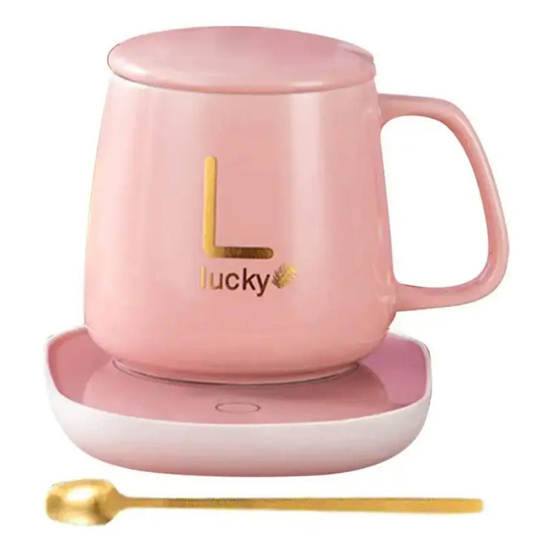 Taza Cerámica Con Base Calentadora Ideal Oficina Regalo Rosa Liso