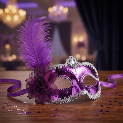 Antifaz Con Pluma Fiesta Cotillon Carnaval Pack X10 Violeta