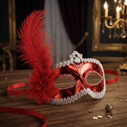 Antifaz Con Pluma Fiesta Cotillon Carnaval Pack X10 Rojo