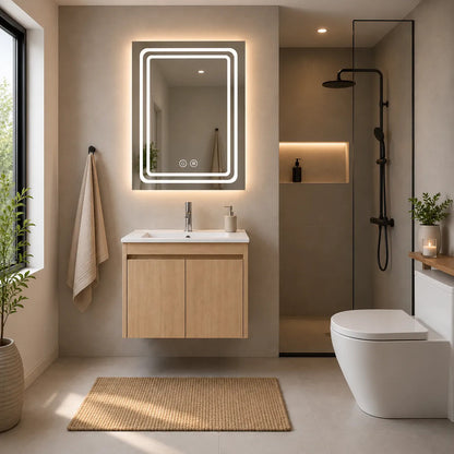 Set Completo De Baño Espejo Led Y Mueble Con Bacha 58x49x47 Madera Blanco Un Agujero