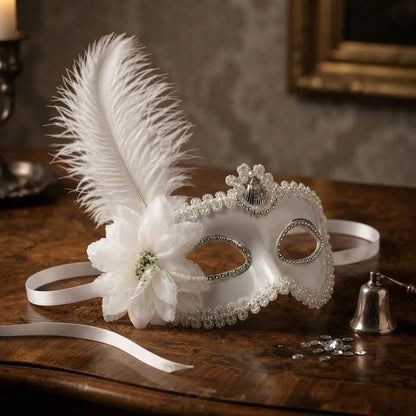 Antifaz Con Pluma Fiesta Cotillon Carnaval Pack X10 Blanco