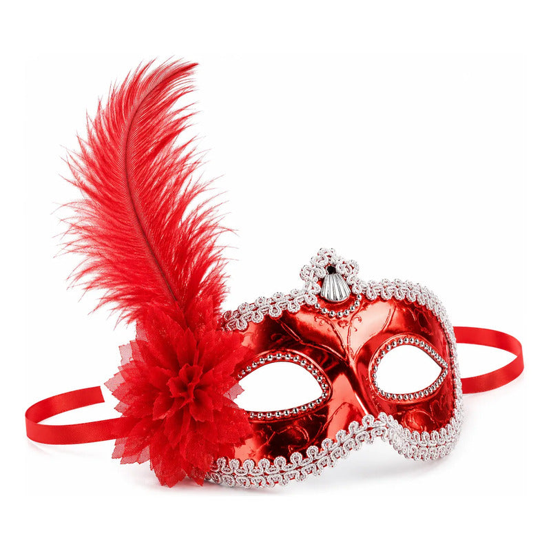 Antifaz Con Pluma Fiesta Cotillon Carnaval Pack X10 Rojo