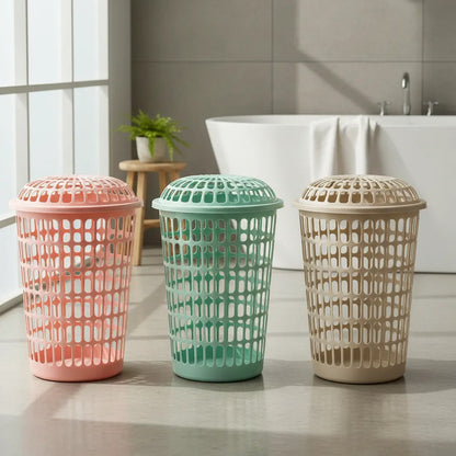 Canasto De Ropa Plástico Redondo Con Tapa Laundry Rosa