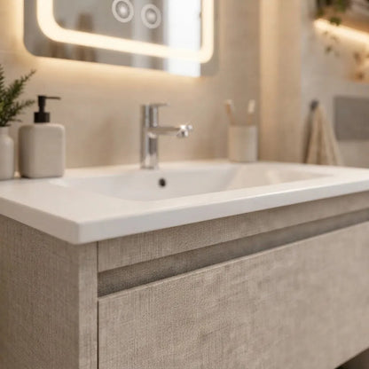 Set Completo De Baño Con Espejo Led Y Mueble Con Bacha Gris Blanco Un Agujero