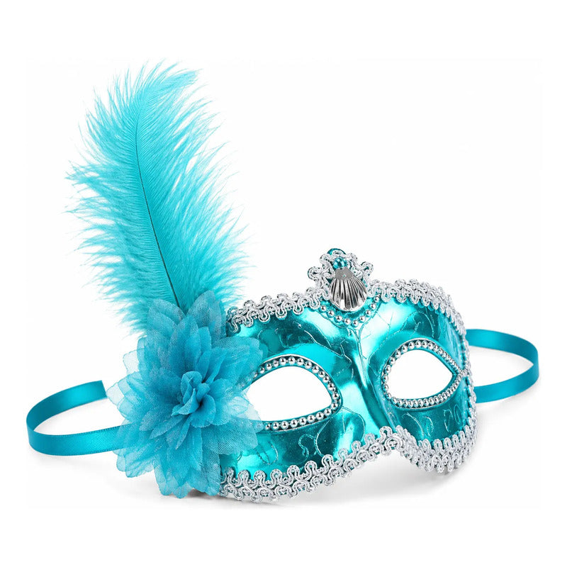 Antifaz Con Pluma Fiesta Cotillon Carnaval Pack X10 Celeste