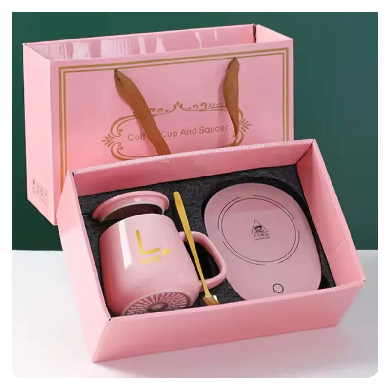 Taza Cerámica Con Base Calentadora Ideal Oficina Regalo Rosa Liso