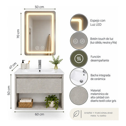 Set Completo De Baño Con Espejo Led Y Mueble Con Bacha Gris Blanco Un Agujero