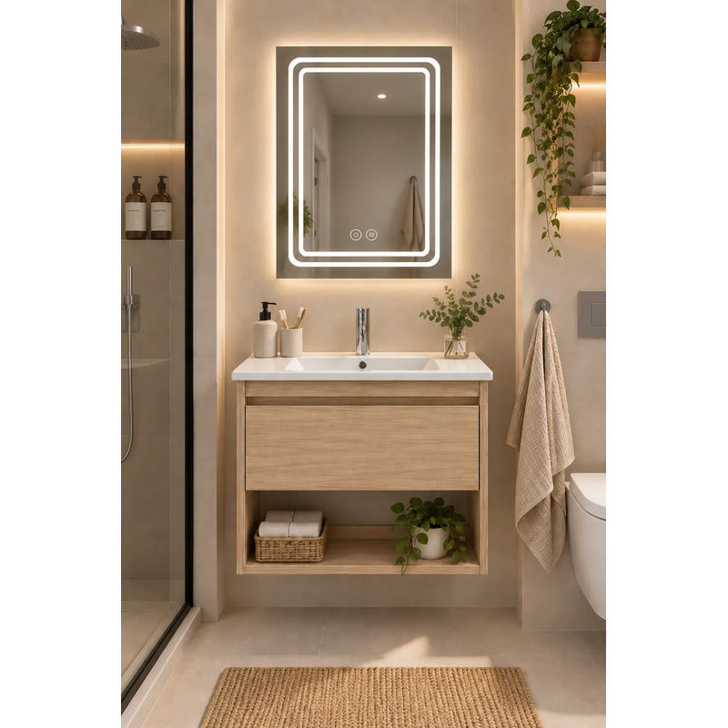 Set Completo De Baño Espejo Led Y Mueble Con Bacha 58x49x47 Madera Con Cajón Blanco Un Agujero
