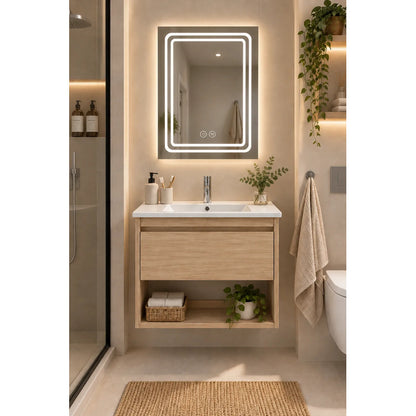Set Completo De Baño Espejo Led Y Mueble Con Bacha 58x49x47 Madera Con Cajón Blanco Un Agujero