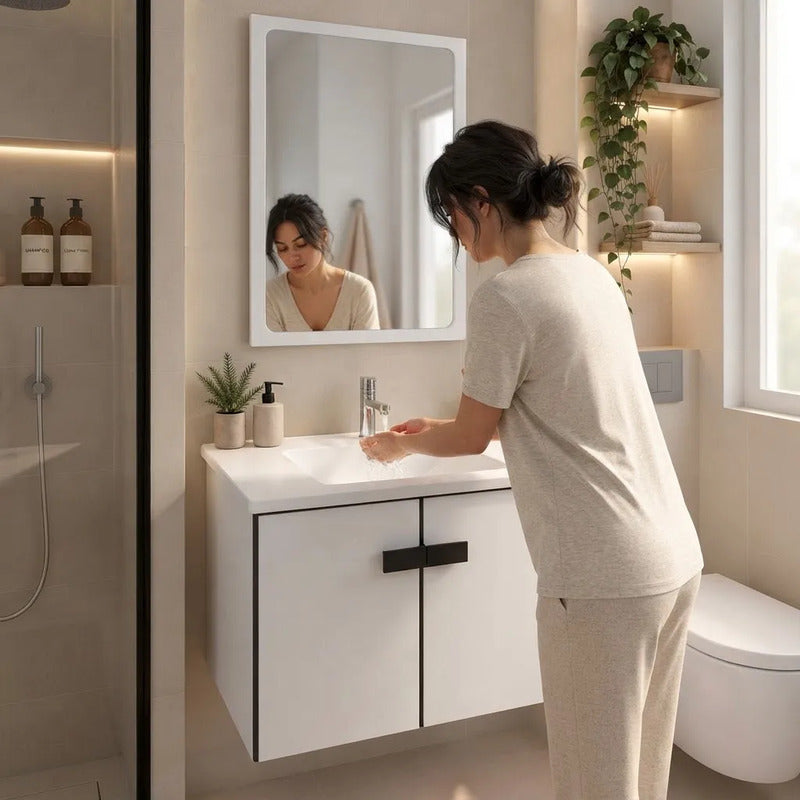 Set Completo De Baño Espejo Y Mueble Con Bacha Blanco Un Agujero