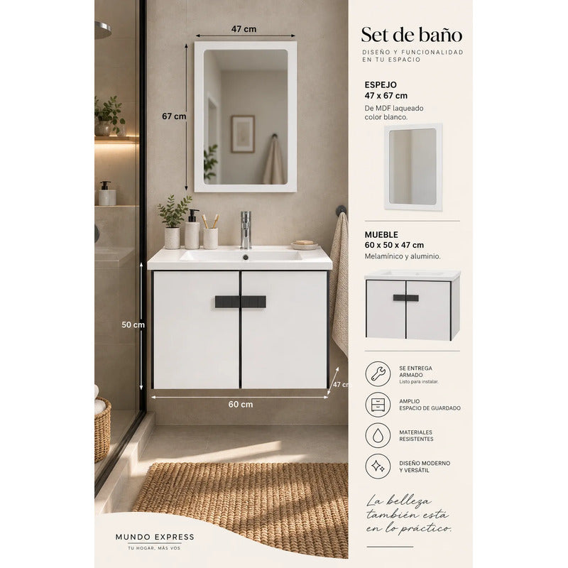 Set Completo De Baño Espejo Y Mueble Con Bacha Blanco Un Agujero