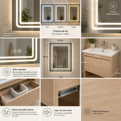 Set Completo De Baño Con Espejo Led Y Mueble Con Bacha
