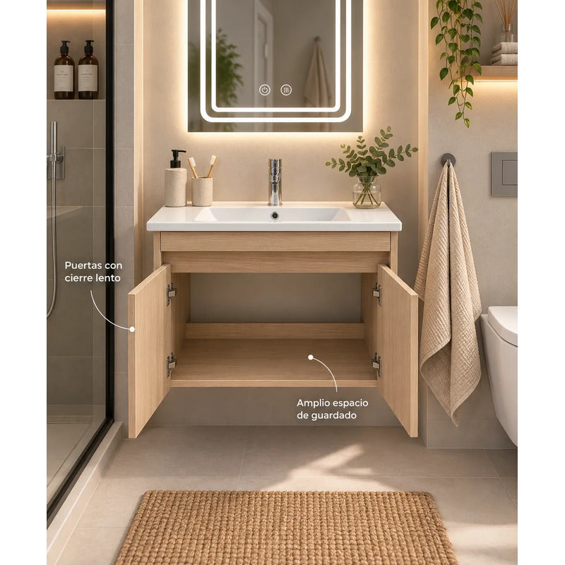 Set Completo De Baño Espejo Led Y Mueble Con Bacha 58x49x47 Madera Blanco Un Agujero