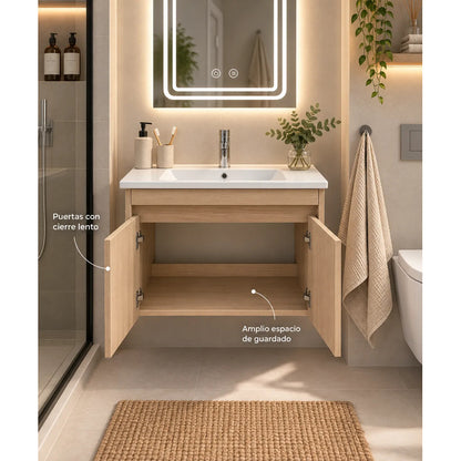 Set Completo De Baño Espejo Led Y Mueble Con Bacha 58x49x47 Madera Blanco Un Agujero