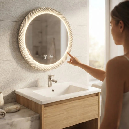 Set Completo De Baño Con Espejo Circular Led Mueble Y Bacha Marrón Blanco Un Agujero