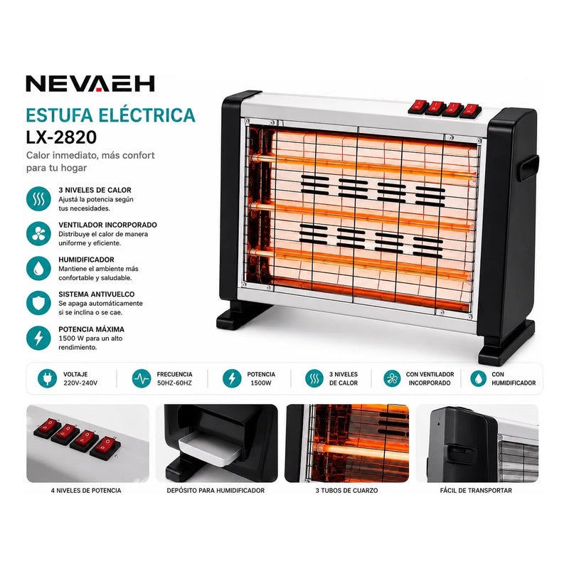 Estufa Eléctrica Nevaeh Lx-2820 1500w Con Humidificador Gris