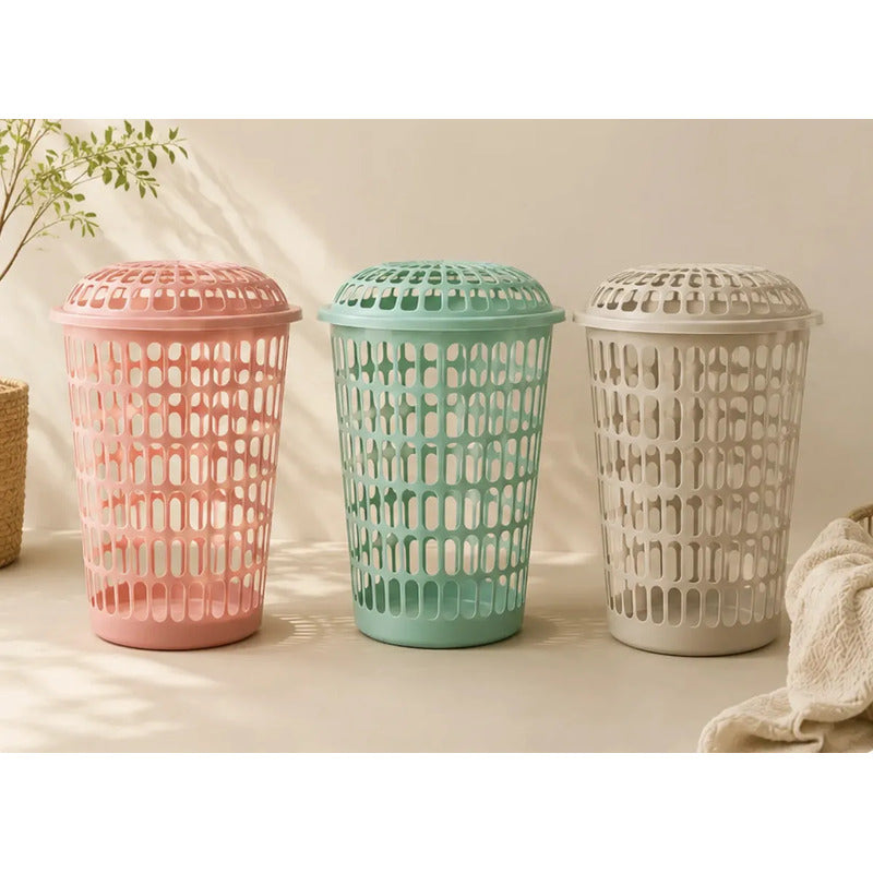 Canasto De Ropa Plástico Redondo Con Tapa Laundry Rosa