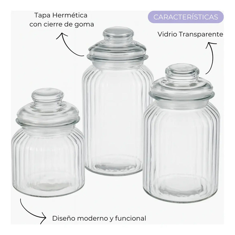 Set De 3 Bollones De Vidrio Tapa Hermética Cocina Alimentos Transparente