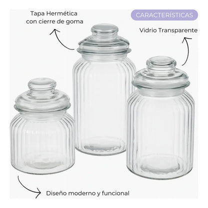 Set De 3 Bollones De Vidrio Tapa Hermética Cocina Alimentos Transparente