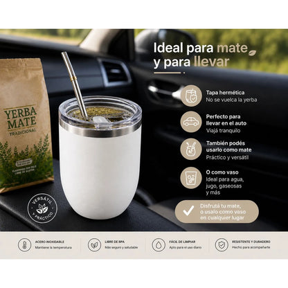 Mate Térmico Acero Inoxidable Con Tapa Hermética 360ml Blanco