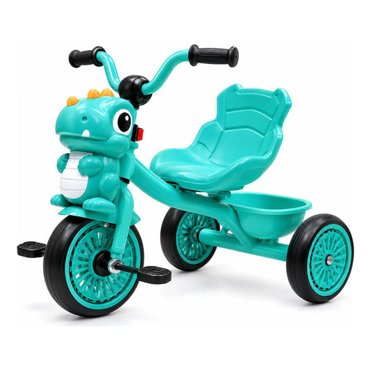 Coche Triciclo A Pedal Infantil Dinosaurio Con Canasto Turquesa