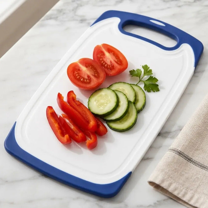 Tabla De Picar De Cocina Plastico Set X3 25x14,8 Cm Borde Azul Blanco