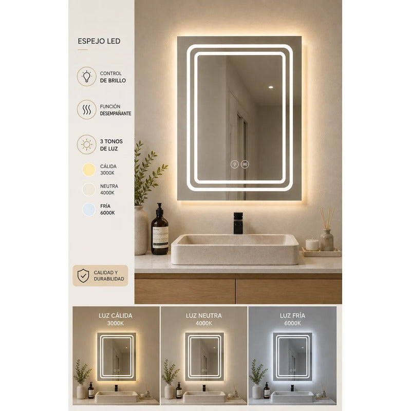 Espejo Led Baño 50x70cm C/desempañante Táctil 3 Tonos De Luz Espejo Doble