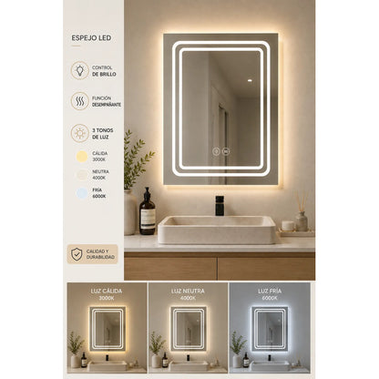 Espejo Led Baño 50x70cm C/desempañante Táctil 3 Tonos De Luz Espejo Doble