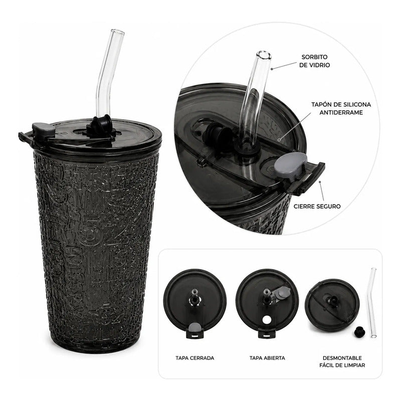 Vaso De Vidrio Con Tapa Hermética Y Sorbito 13,5x9cm Negro