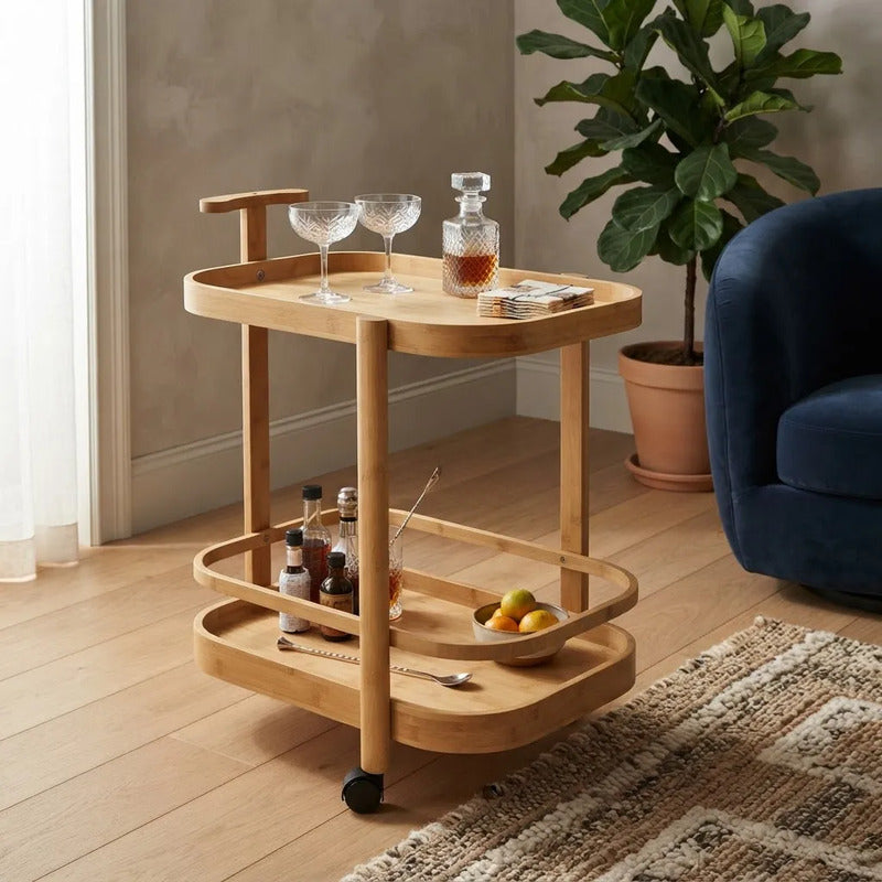 Mesa Auxiliar De Bambú Con Ruedas Y Doble Piso Marrón