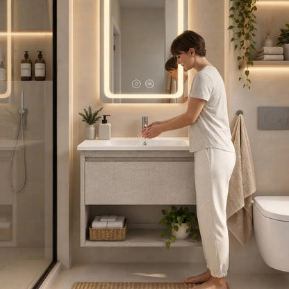 Set Completo De Baño Con Espejo Led Y Mueble Con Bacha Gris Blanco Un Agujero