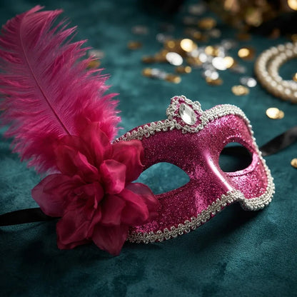 Antifaz Con Pluma Fiesta Cotillon Carnaval Pack X10 Rosa