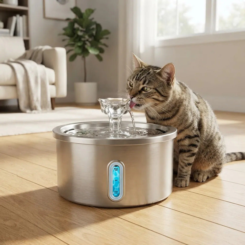 Fuente Bebedero Acero Para Perro Y Gato Agua Fresca De Acero Plateado