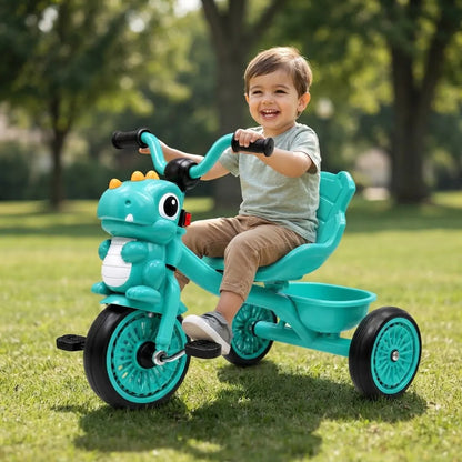 Coche Triciclo A Pedal Infantil Dinosaurio Con Canasto Turquesa